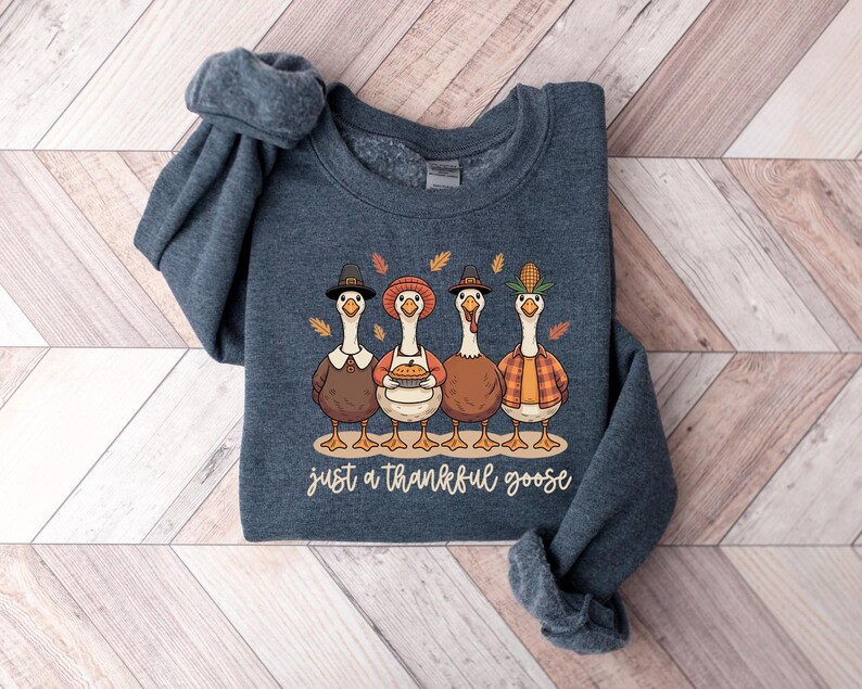 Pu&ograve; includere: Una felpa blu navy con un motivo a tema Ringraziamento. Il design presenta quattro oche dei cartoni animati con cappelli e abiti autunnali, con il testo "just a thankful goose" in un carattere corsivo. Le oche sono in fila.