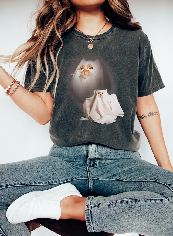 Ghost Kitten Comfort T-shirt, Halloween Cat Graphic Sweatshirt, Meme Cringe Hoodie, Cat Halloween Tee, Spooky Season Cat Shirt