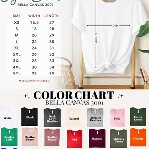 May include: A white t-shirt displayed on a wooden hanger, with a size chart and color chart. The size chart shows measurements in inches, with the width of the shirt ranging from 16.5 to 32 inches and the length from 27 to 35 inches. The color chart displays various shirt colors.