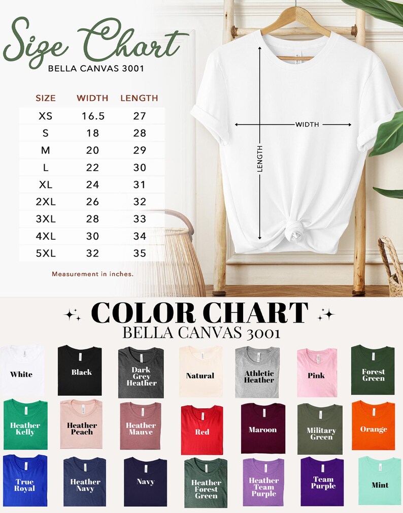 May include: A white t-shirt displayed on a wooden hanger, with a size chart and color chart. The size chart shows measurements in inches, with the width of the shirt ranging from 16.5 to 32 inches and the length from 27 to 35 inches. The color chart displays various shirt colors.