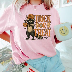 Peut inclure: Un t-shirt rose clair avec un motif d'Halloween. Le motif repr&eacute;sente un raton laveur portant un chapeau et tenant une lanterne, avec les mots "Trick or Treat". Une tasse blanche avec un smiley jaune est &eacute;galement visible.