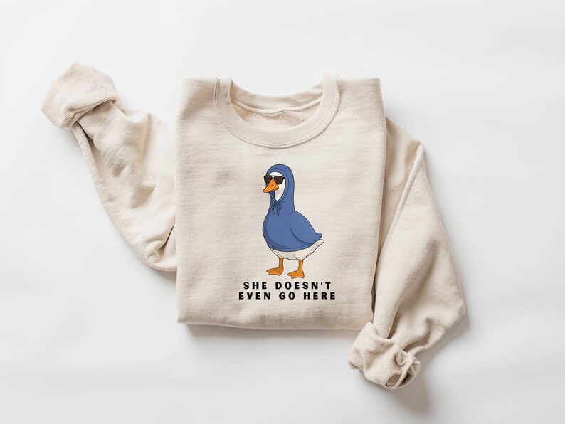 May include: A cream-coloured sweatshirt with a cartoon goose wearing a blue hoodie and sunglasses. The goose has orange feet and a white chest. The text below the goose reads, "SHE DOESN'T EVEN GO HERE."