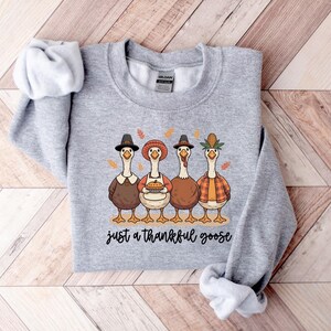 Pu&ograve; includere: Una felpa grigio chiaro con una grafica di quattro oche dei cartoni animati vestite per il Ringraziamento. Le oche indossano cappelli da pellegrino, grembiuli e camicie a quadri. Il testo "just a thankful goose" &egrave; stampato sotto.