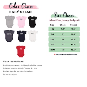 May include: Color chart for baby onesies in various colours, including athletic heather, pink, black, heather dark grey, navy, white, and red. Size chart for infant fine jersey bodysuits with measurements in inches. Care instructions are also included.
