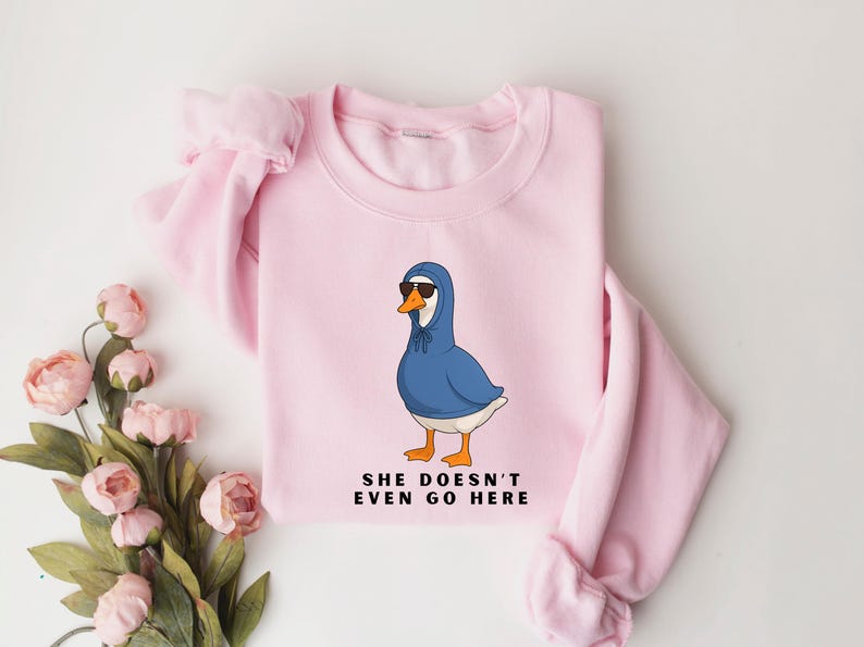 May include: A pale pink sweatshirt with a cartoon goose wearing a blue hoodie and sunglasses. The goose has orange feet and a white body. The text "SHE DOESN'T EVEN GO HERE" is printed below the goose in black.