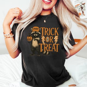 Peut inclure: T-shirt noir avec un motif sur le th&egrave;me d'Halloween. Le motif repr&eacute;sente un raton laveur portant un chapeau et tenant une lanterne citrouille, avec les mots "Trick or Treat" en orange. Le raton laveur est brun et noir.