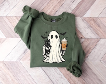 Sweat-shirt chat fantôme tenant un chat noir, sweat à capuche d'Halloween chat fantôme, cadeau d'Halloween pour les propriétaires de chats, t-shirt chat d'Halloween, tenue de chat noir, t-shirt automne