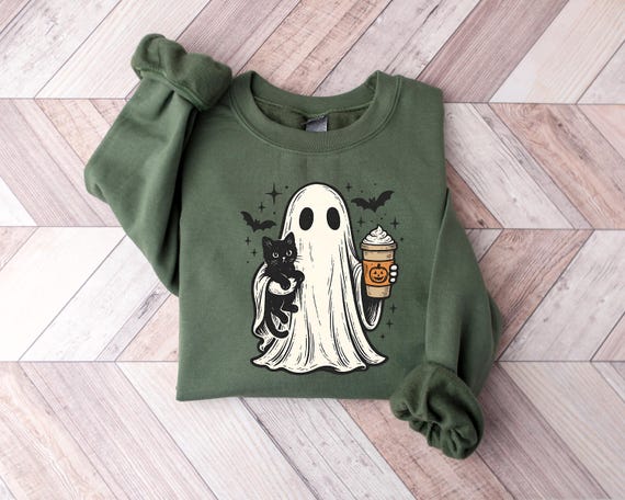 Ghost Holding Black Cat Sweatshirt, Ghost Cat Halloween Hoodie, Halloween Gift for Cat Owners, Halloween Cat Tee, Black Cat Outfit, Fall Tee