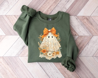 Sweat-shirt fantôme en dentelle d'Halloween avec col ras du cou coquette avec nœud fantôme