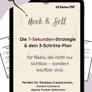 Könnte beinhalten: Ein digitales E-Book mit dem Titel "Hook & Sell" wird auf einem Tablet angezeigt. Das Cover enthält deutschen Text, darunter "Die 7-Sekunden-Strategie" und "3-Schritte-Plan". Das E-Book richtet sich an Kreative und Content-Coaches. Das Tablet ist schwarz.