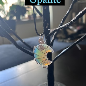 Crystal crescent moon customizable wire wrapped pendant necklace customizable ~ witch aesthetic ~ opalite ~ obsidian ~ angel aura ~ titanium