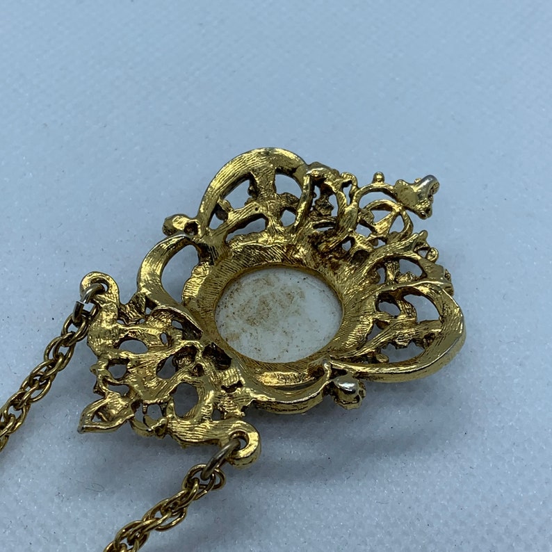 Vintage Two Strand Gold Tone Necklace with One Pendant Which Has A 1800/'s Scene On ChinaPorcelain Longest Strand is 16 inches when hanging