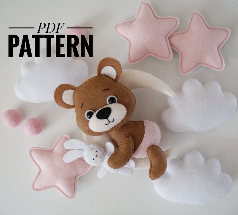 Bear moon pattern felt sewing Bear ornament DIY plush PDF pattern Animals tutorial pdf sewing pattern DIY sewing pattern Moon pattern felt