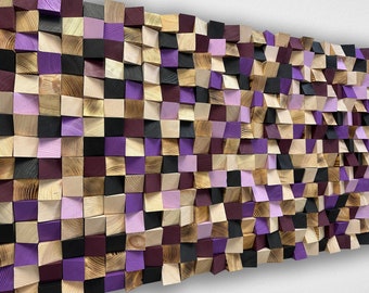 Purple Wood Wall Art – Mosaic Pixel Wall Decor, 3D Wooden Gradient Sculpture for Gaming Room or Bedroom