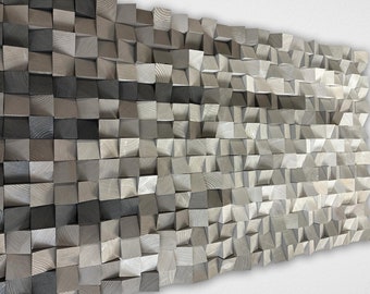 Große 3D-Farbverlaufs-Holzwandkunst im modernen rustikalen Mosaik-Dekor, geometrische Wandskulptur
