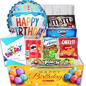 Geburtstags Geschenkkorb mit Happy Birthday Luftballon, Snacks & Süßigkeiten für Frauen, Männer, Mama, Papa, Oma, Opa, Freund, Freundin, Freund