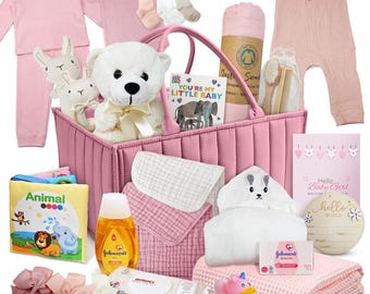 Premium New Baby Girl Gift Basket | Newborn Essentials Care Package in Diaper Caddy Organizer, Baby Clothes, Bath Set, Keepsakes Pink