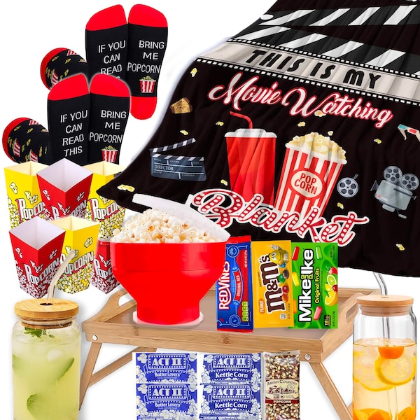 Movie Night Gift Basket, Snacks, Popcorn, Candy, Blanket