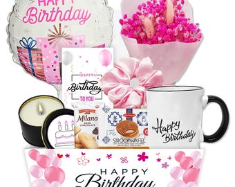 Birthday Gift Basket, Dried Flowers, Balloon & Treats