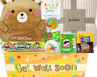 Get Well Soon Gift Basket, Kids Care Package, Squooshy Pillow, Blanket, Snacks