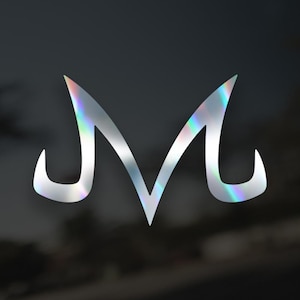 May include: A silver holographic sticker with the Dragon Ball Z character Vegeta's symbol, a stylized "M".