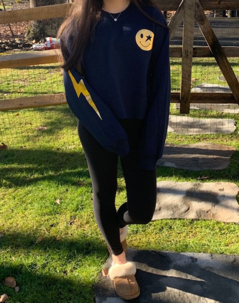 Metallic Smiley Lightning Bolt Cropped Crew