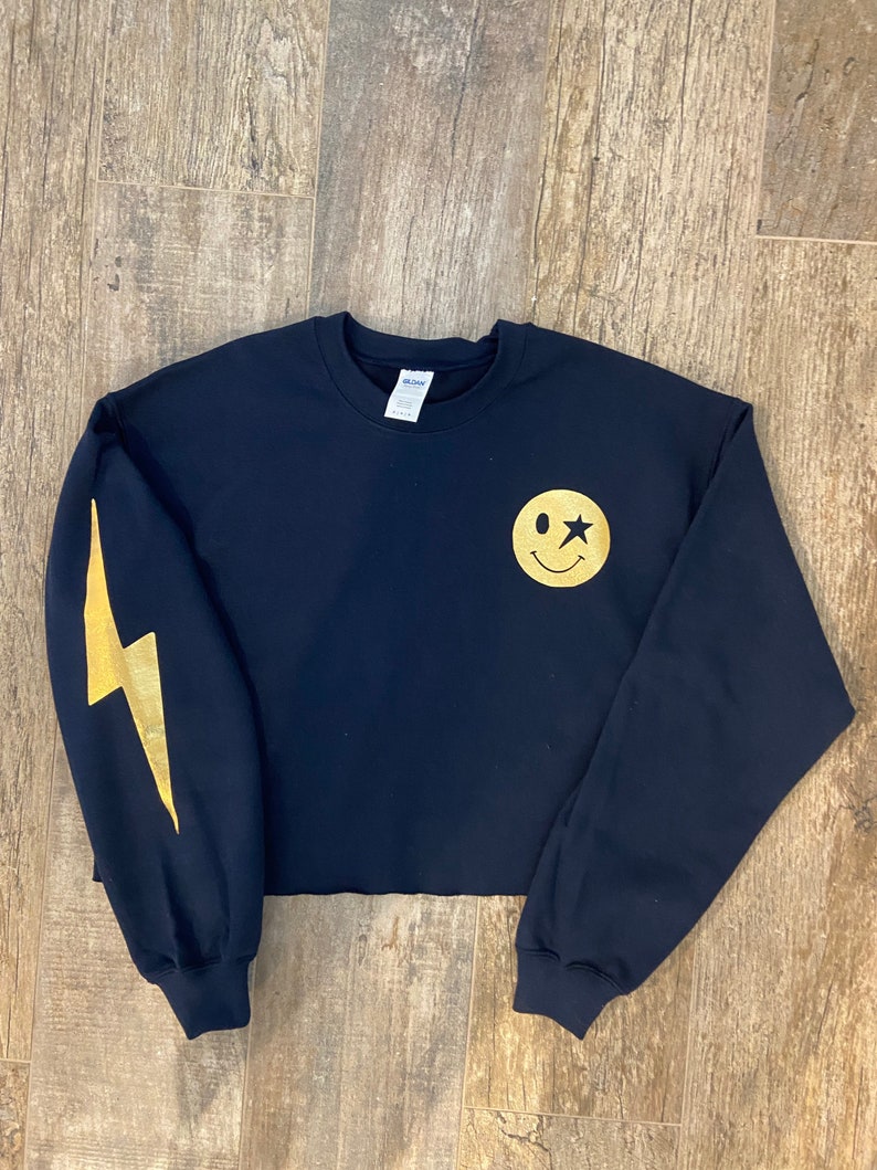 Metallic Smiley Lightning Bolt Cropped Crew