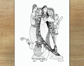May include: Black and white illustration depicting a scene with figures in ornate clothing. A woman stands before a mirror, attended by others. A musician sits below, playing an instrument. The artwork has a detailed, line-art style.
