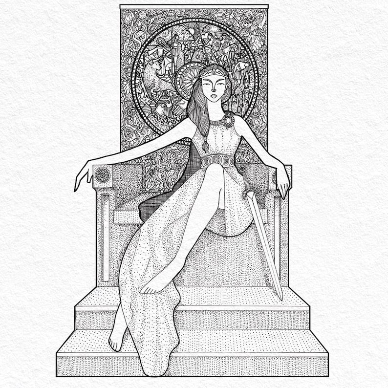 May include: Black and white illustration of a woman seated on a throne, with a sword at her side. The woman wears a long dress and a crown. The throne is ornate, and a detailed circular design is behind her.