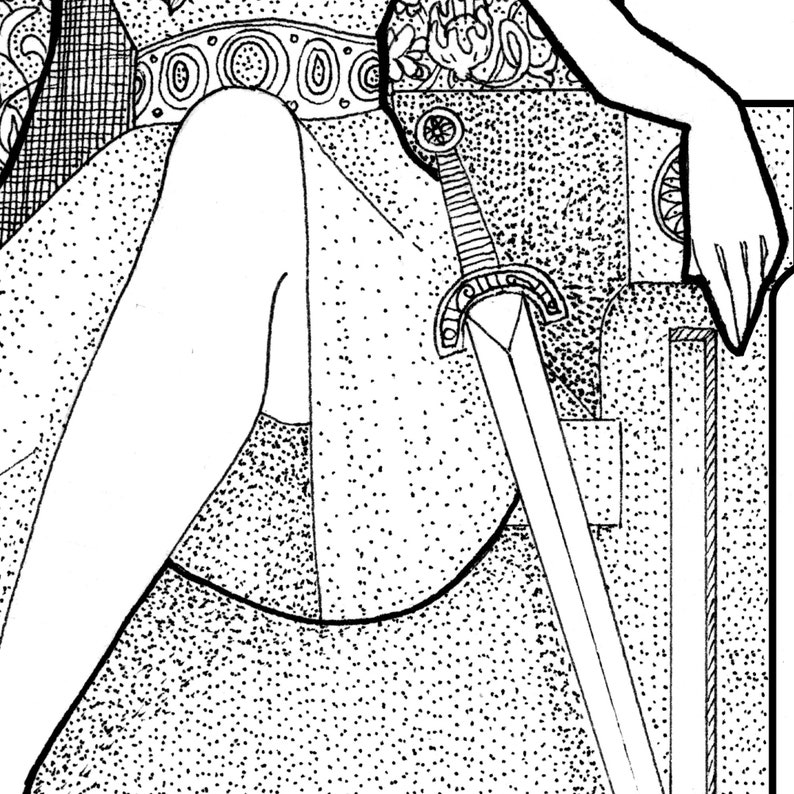 May include: Black and white illustration of a sword with a detailed hilt and blade. The artwork features a leg and arm, with a dotted background and decorative border elements. The style is reminiscent of a medieval or fantasy theme.