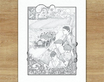 May include: Black and white illustration of a vintage car on a dirt road, with several figures in the foreground holding rifles. The background features a cloudy sky and rolling hills, framed by an ornate border.