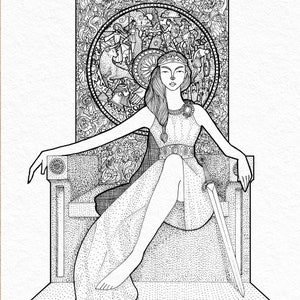 May include: Black and white illustration of a woman seated on a throne, holding a sword. The woman wears a crown and a long dress. The background features a detailed circular design with figures and patterns.