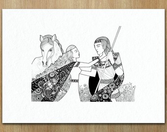 May include: Black and white illustration of a medieval scene. A woman in a flowing gown touches a man in armor holding a spear. A horse stands behind them. The woman wears a decorative shawl.
