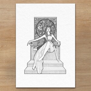 May include: Black and white illustration of a woman seated on a throne, holding a sword. The woman is wearing a flowing gown and a decorative headpiece. The throne is ornate, with a detailed backdrop featuring a circular design.