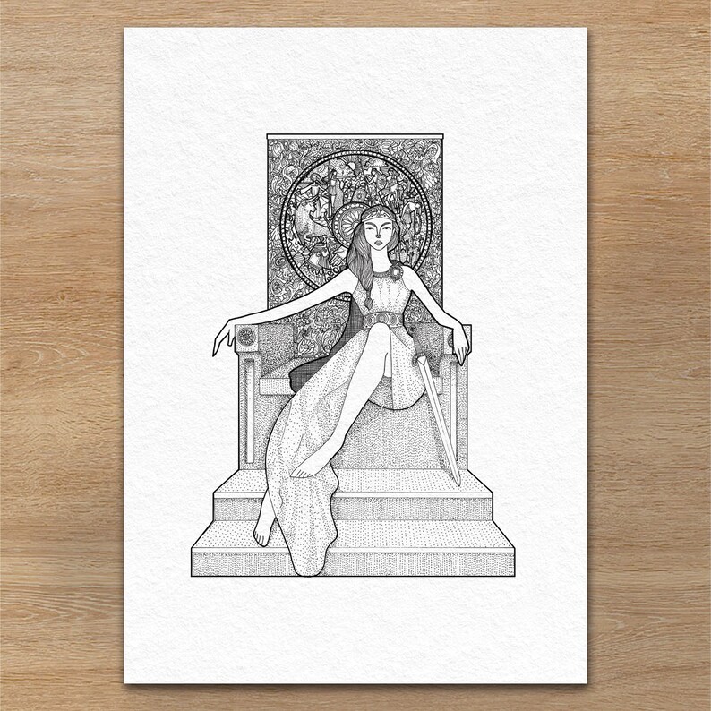 May include: Black and white illustration of a woman seated on a throne, holding a sword. The woman is wearing a flowing gown and a decorative headpiece. The throne is ornate, with a detailed backdrop featuring a circular design.