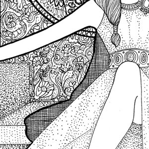 May include: Black and white line art illustration featuring intricate floral and geometric patterns. The artwork includes detailed designs of flowers, leaves, and abstract shapes, creating a complex and visually engaging composition. The style suggests a focus on detail and decorative elements.