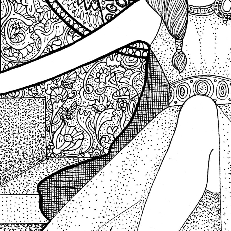 May include: Black and white line art illustration featuring intricate floral and geometric patterns. The artwork includes detailed designs of flowers, leaves, and abstract shapes, creating a complex and visually engaging composition. The style suggests a focus on detail and decorative elements.