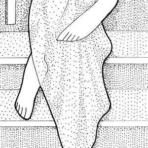 May include: Black and white line art illustration of a person's legs and arm. The figure is in a seated position, with one leg crossed over the other. The skin is covered in small dots, and the lines are thick and bold.