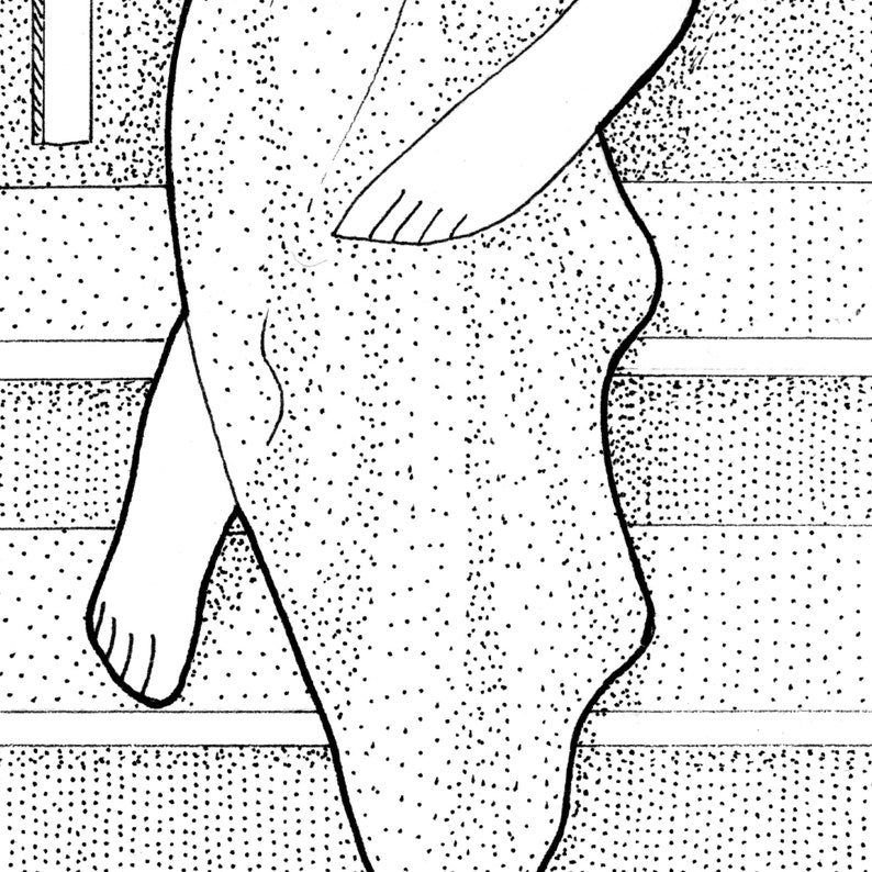 May include: Black and white line art illustration of a person's legs and arm. The figure is in a seated position, with one leg crossed over the other. The skin is covered in small dots, and the lines are thick and bold.