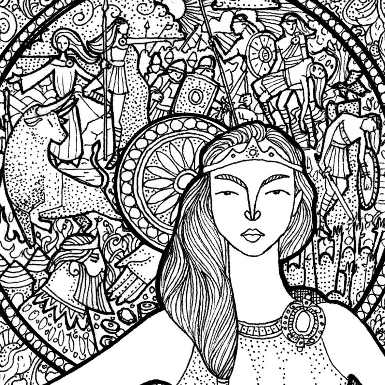 May include: Black and white illustration of a woman with long hair, wearing a crown and a decorative top. The background depicts a battle scene with figures on horseback, soldiers, and a bull.