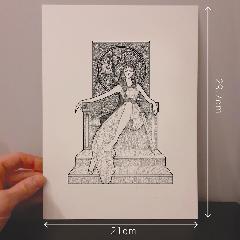 May include: Black and white illustration of a woman seated on a throne, holding a sword. The artwork, measuring 8.3 inches wide by 11.7 inches tall, features intricate dot work and a detailed background design. The woman is wearing a dress.