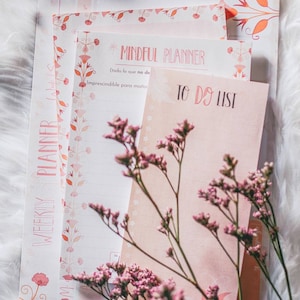 Puede incluir: Un planificador rosa y blanco con diseños florales y el texto "MINDFUL PLANNER" y "TO DO LIST".