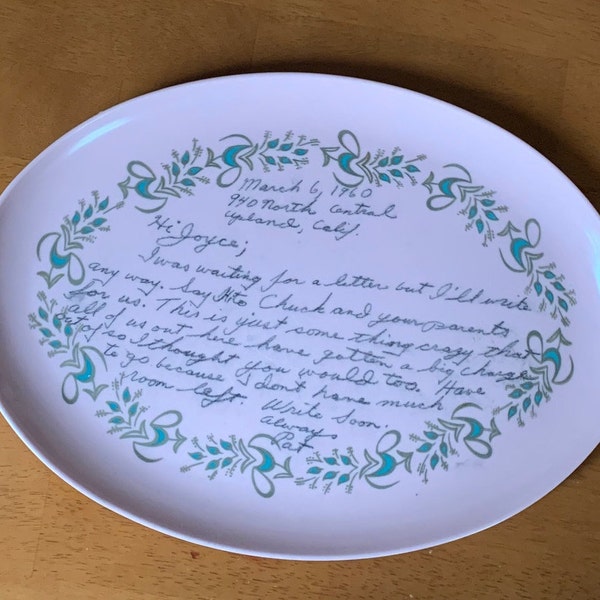 Melmac Duraware Platter with Note to Joyce