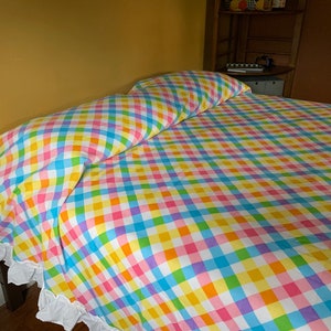 RARE Cannon No-Iron Lightweight Pastel Rainbow Plaid Bedspread/ Coverlet/ Blanket- Full Size