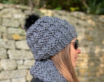 Handmade Cotswolds Hat, Hand Knitted Soft and Chunky  Grey Woolen Women Hat, Beanie Hat with Pom Pom - Warm Winter Beanies Collection