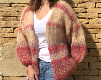 Handmade Cotswolds Hand Knitted Beige and Pink Mohair Cardigan Balloon Sleeves- size 10/12
