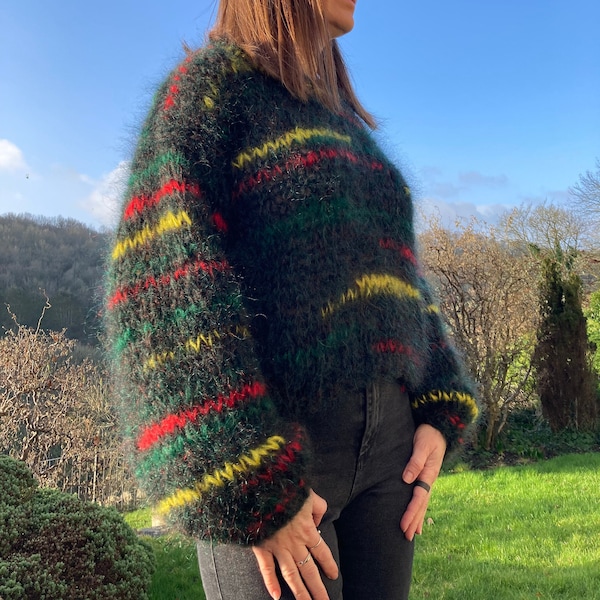 Handmade Cotswolds Block Colours Hand Knitted Black with the Hint of Green and Yellow, Red and Green Accents Mohair Jumper- size 10