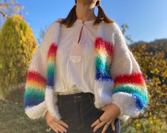 Handmade Cotswolds Hand Knitted White and Rainbow Colours Striped Mohair Bomber Cardigan with Balloon Sleeves- size 10/12