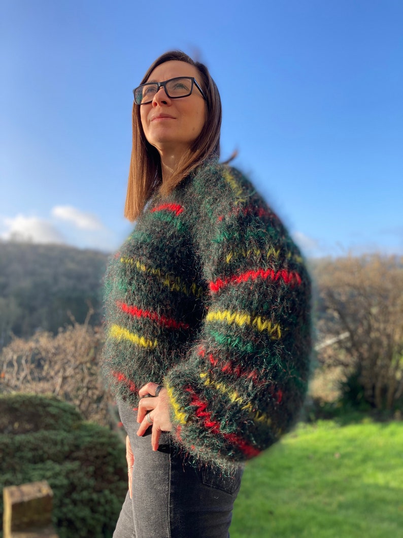 Handmade Cotswolds Block Colours Hand Knitted Black With the Hint of Green and Yellow, Red and