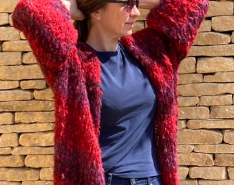 Handmade Cotswolds Boho Hand Knitted Spotted Green Purple Red Mohair Cardigan Balloon Sleeves - size 10/12